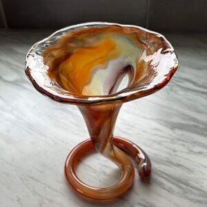 Handblown Swirled Glass Art Vase in Amber and Cream